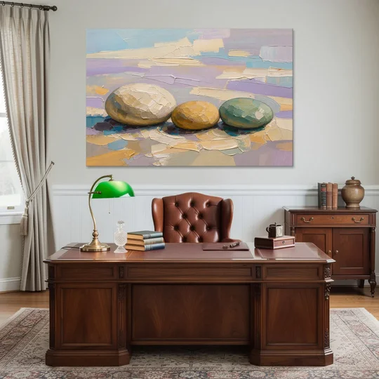 Boho Neutral Pebble Trio in Ivory, Ochre and Sage - Canvas Wall Art - Office - 60x40
