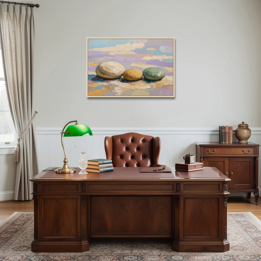 Boho Neutral Pebble Trio in Ivory, Ochre and Sage - Oak Framed Canvas Wall Art - Office - 36x24