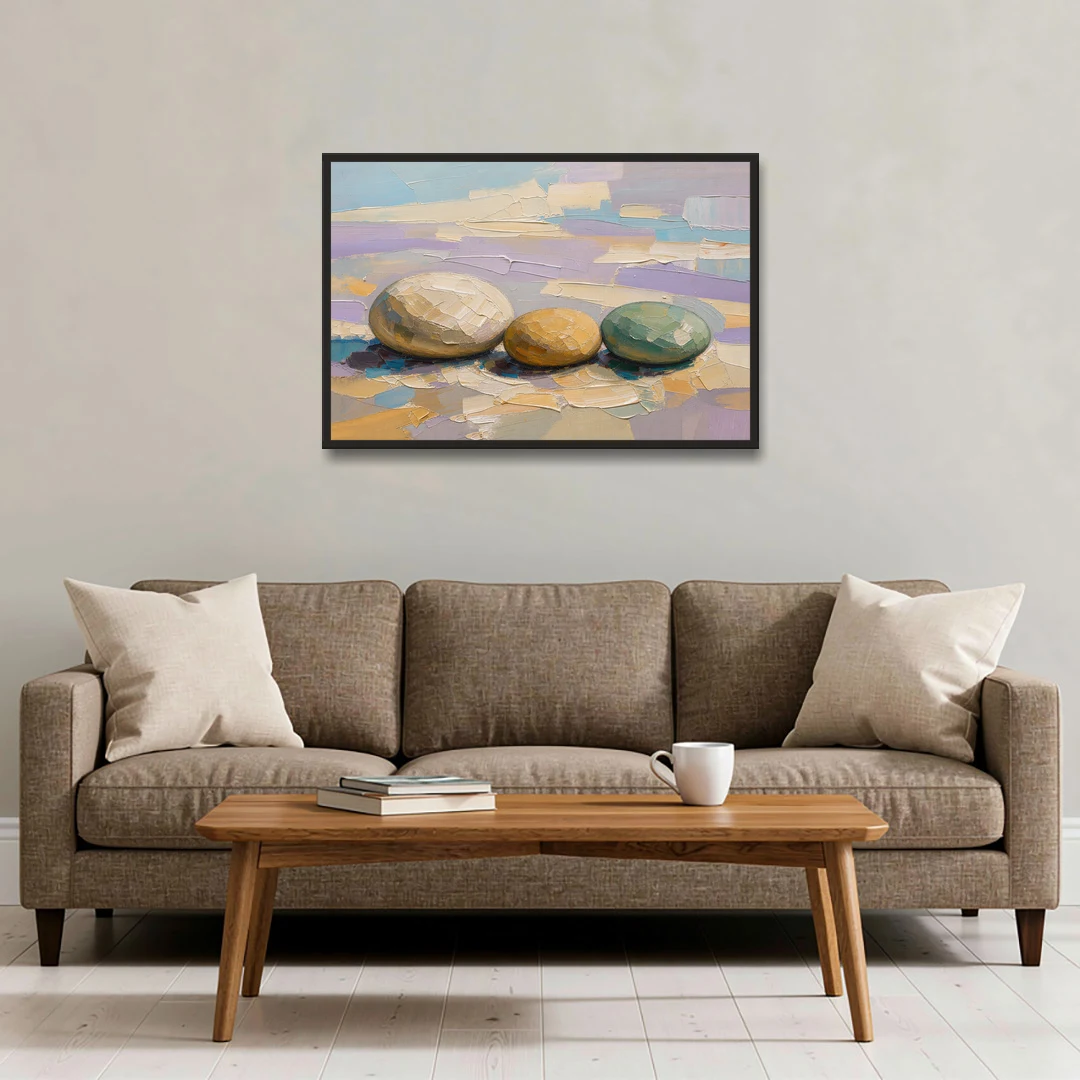 Boho Neutral Pebble Trio in Ivory, Ochre and Sage - Black Framed Canvas Wall Art - Sofa - 36x24