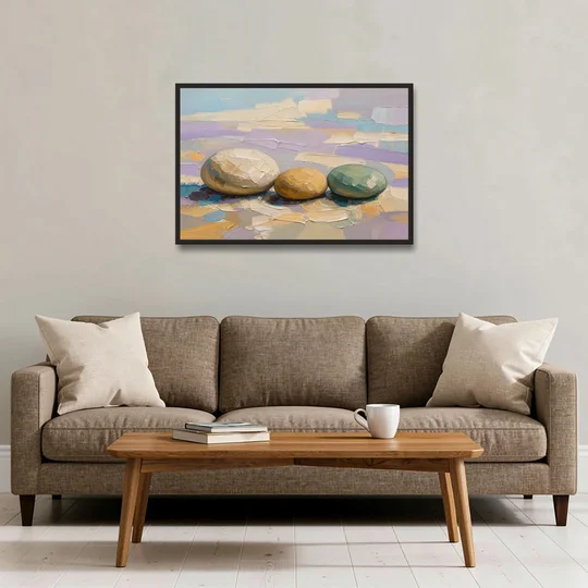 Boho Neutral Pebble Trio in Ivory, Ochre and Sage - Black Framed Canvas Wall Art - Sofa - 36x24