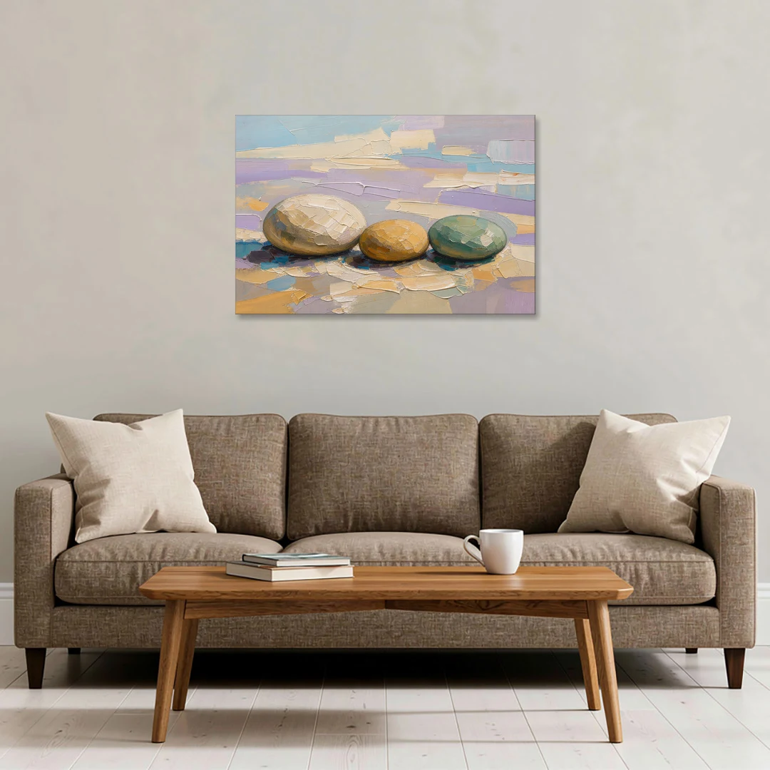 Boho Neutral Pebble Trio in Ivory, Ochre and Sage - Canvas Wall Art - Sofa - 36x24
