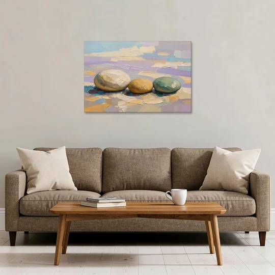 Boho Neutral Pebble Trio in Ivory, Ochre and Sage - Canvas Wall Art - Sofa - 36x24