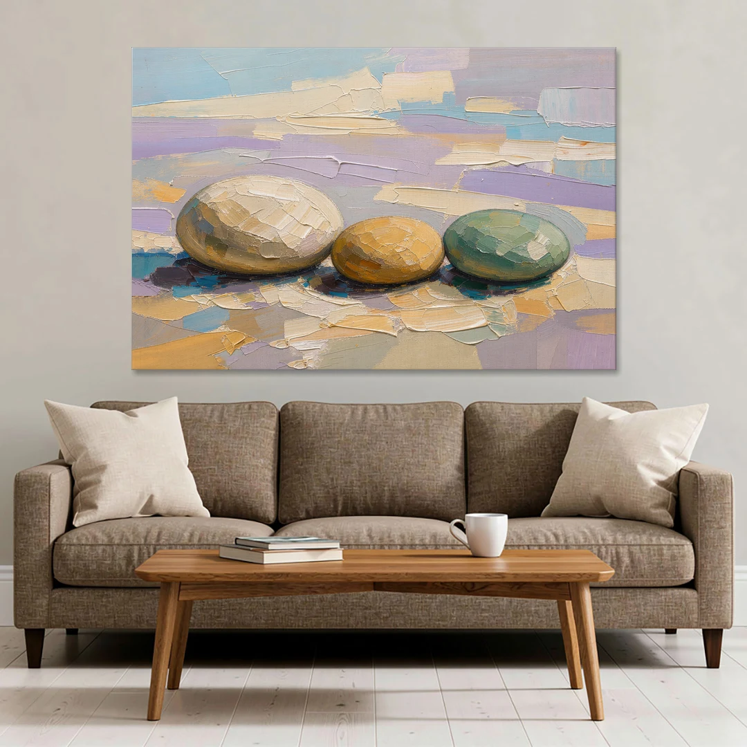 Boho Neutral Pebble Trio in Ivory, Ochre and Sage - Canvas Wall Art - Sofa - 60x40