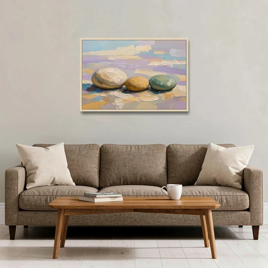 Boho Neutral Pebble Trio in Ivory, Ochre and Sage - Oak Framed Canvas Wall Art - Sofa - 36x24