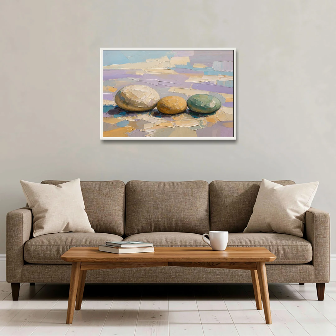 Boho Neutral Pebble Trio in Ivory, Ochre and Sage - White Framed Canvas Wall Art - Sofa - 36x24