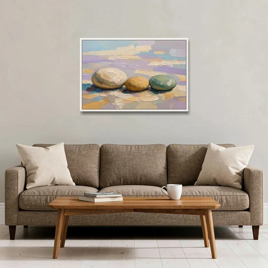 Boho Neutral Pebble Trio in Ivory, Ochre and Sage - White Framed Canvas Wall Art - Sofa - 36x24