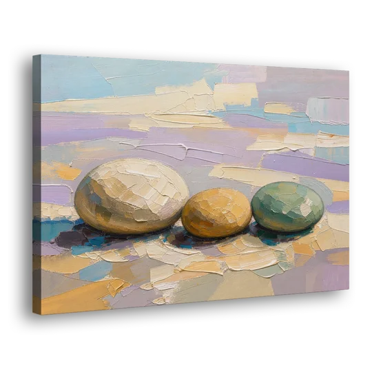 Boho Neutral Pebble Trio in Ivory, Ochre and Sage - Canvas Wall Art - Side