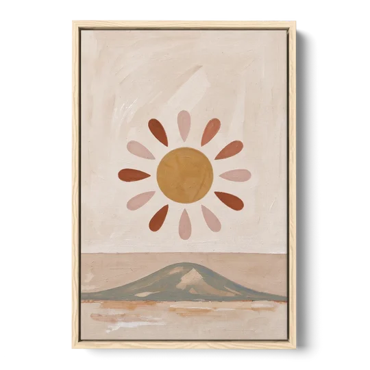 Boho Paintings Sun Rising Over a Gentle Hill - Oak Framed Canvas Wall Art - Front