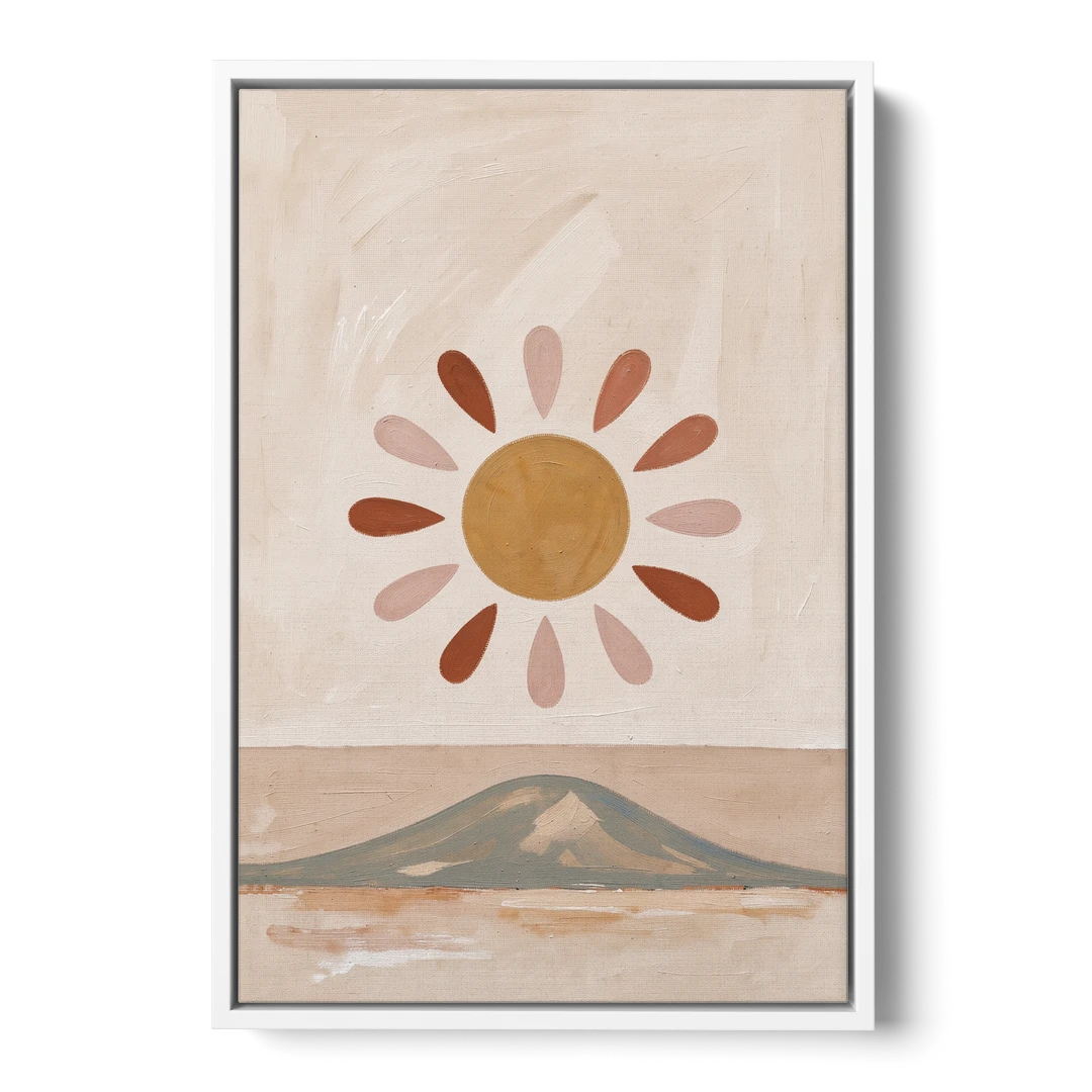 Boho Paintings Sun Rising Over a Gentle Hill - White Framed Canvas Wall Art - Front