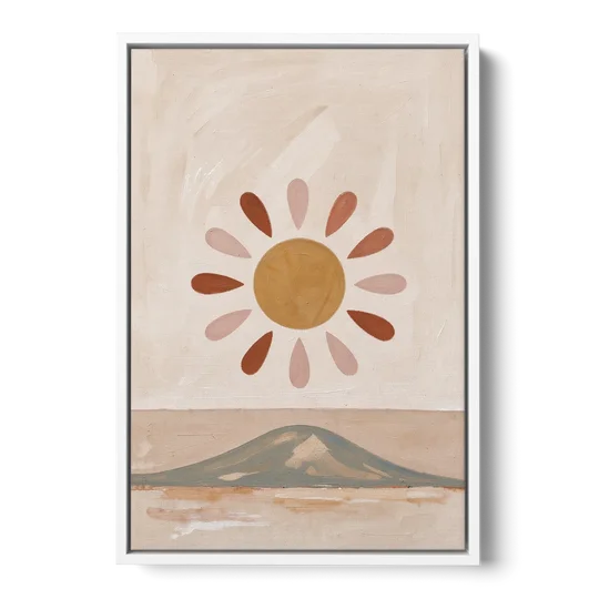 Boho Paintings Sun Rising Over a Gentle Hill - White Framed Canvas Wall Art - Front