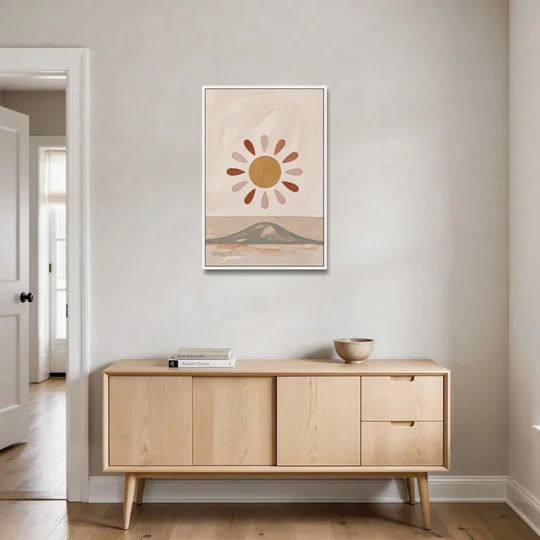 Boho Paintings Sun Rising Over a Gentle Hill - White Framed Canvas Wall Art - Coffee Table - 24x36
