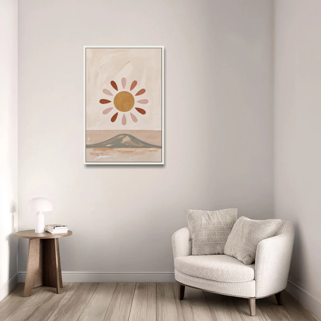 Boho Paintings Sun Rising Over a Gentle Hill - White Framed Canvas Wall Art - Sofa - 24x36