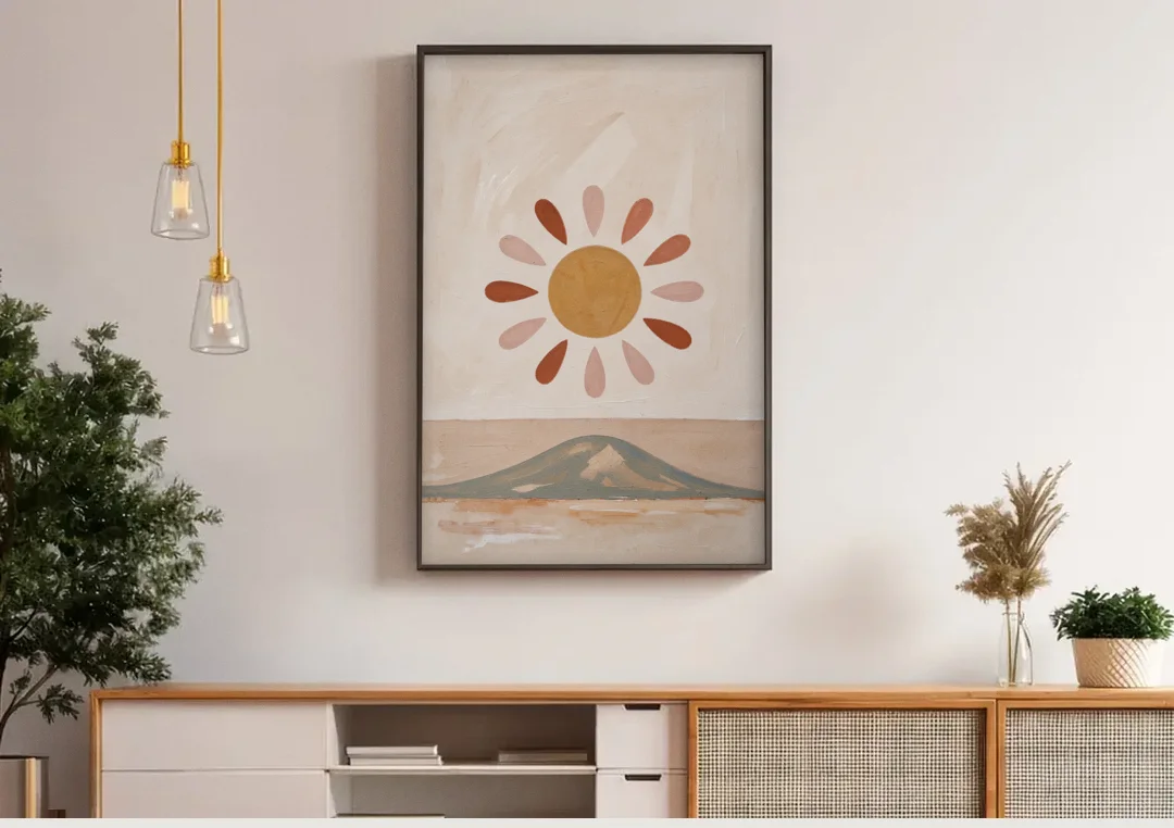 Boho Paintings Sun Rising Over a Gentle Hill canvas wall art above a wooden sideboard under pendant lights