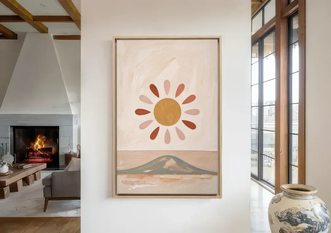 Boho Paintings Sun Rising Over a Gentle Hill canvas wall art in a living room with a fireplace