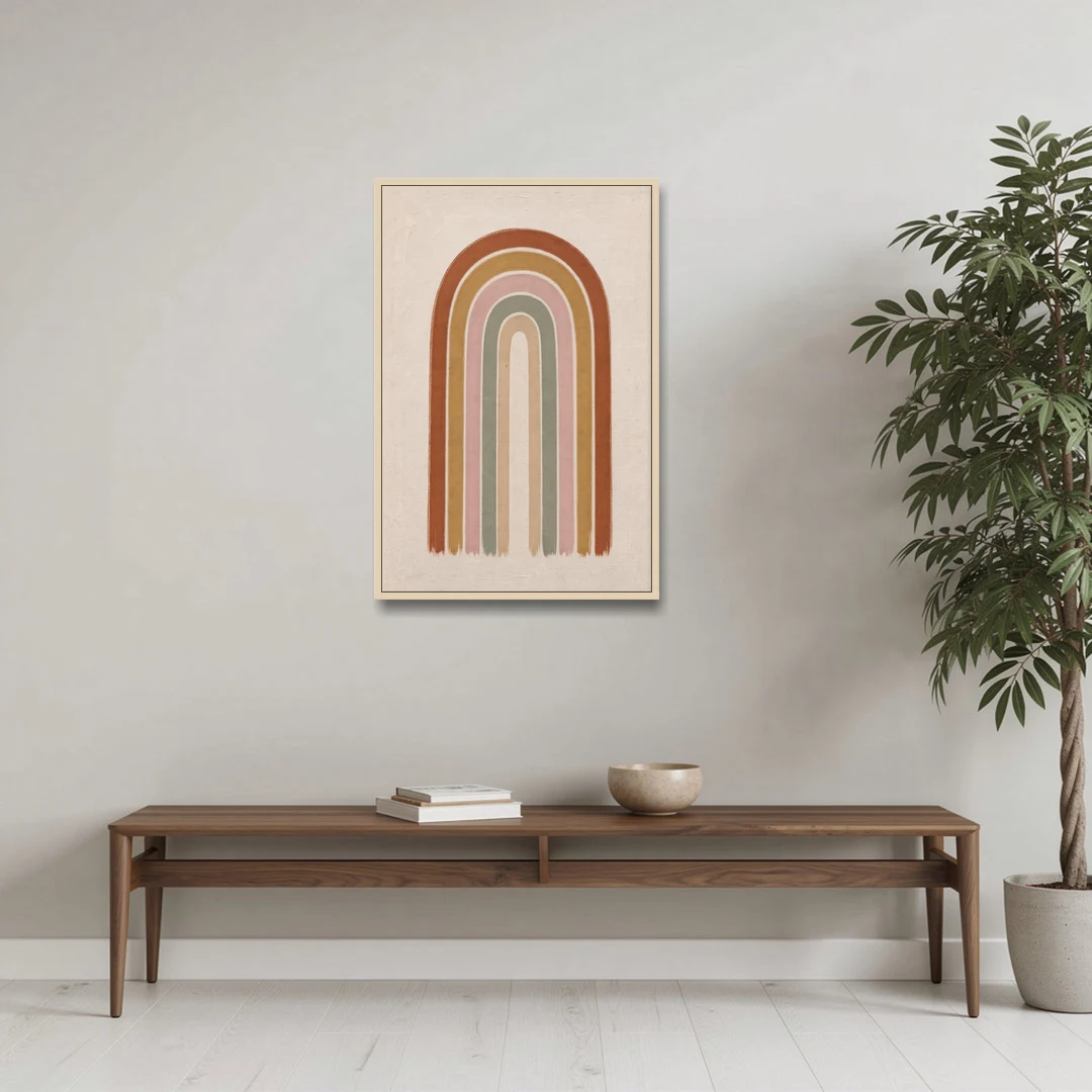 Boho Rainbow Canvas with Tall Painted Bands - Oak Framed Canvas Wall Art - Coffee Table - 24x36
