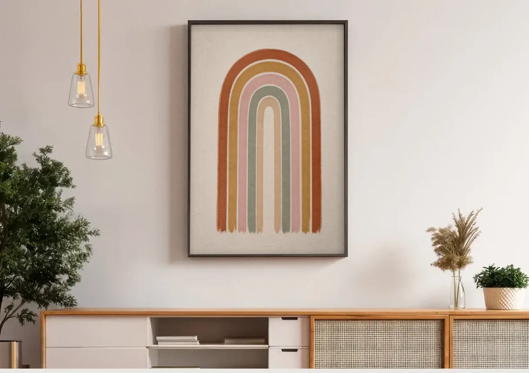 Boho Rainbow Canvas with Tall Painted Bands canvas wall art above a wooden sideboard under pendant lights