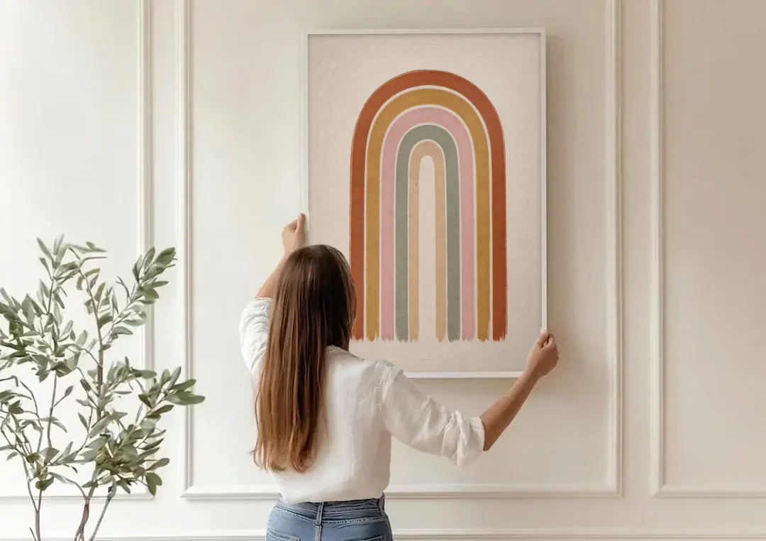 Boho Rainbow Canvas with Tall Painted Bands canvas wall art being hung on a paneled wall