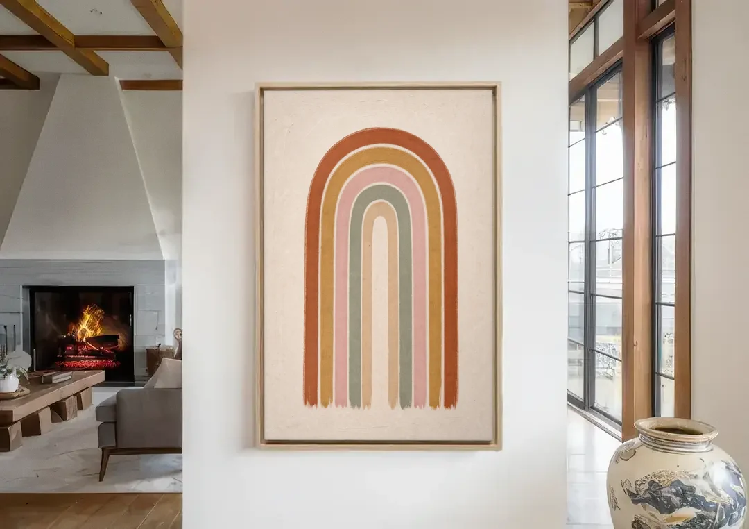Boho Rainbow Canvas with Tall Painted Bands canvas wall art in a living room with a fireplace