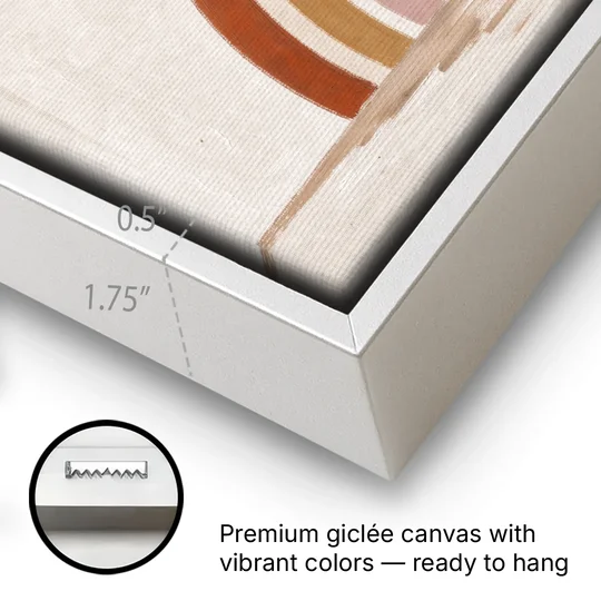 Boho Rainbow Wall Art with a Floating Sun - White Framed Canvas Wall Art - Gallery Wrap Corner