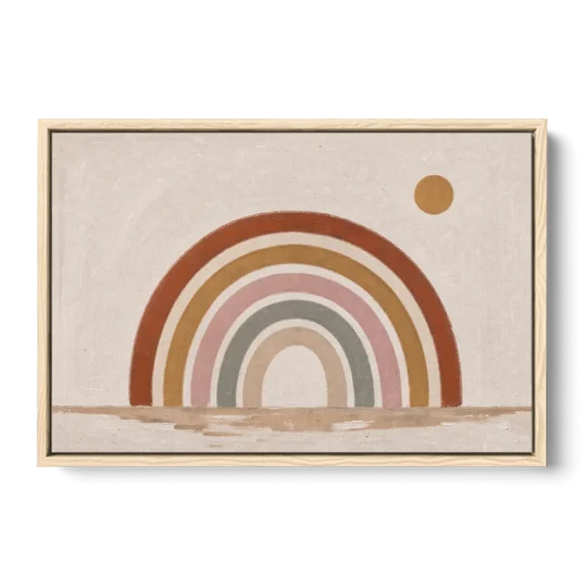 Boho Rainbow Wall Art with a Floating Sun - Oak Framed Canvas Wall Art - Front