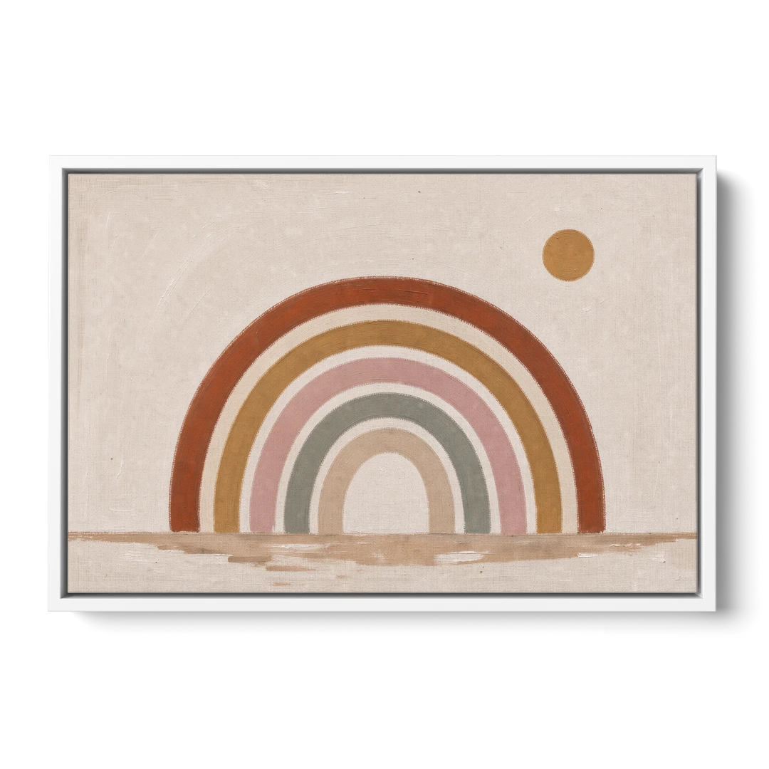 Boho Rainbow Wall Art with a Floating Sun - White Framed Canvas Wall Art - Front