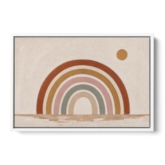 Boho Rainbow Wall Art with a Floating Sun - White Framed Canvas Wall Art - Front