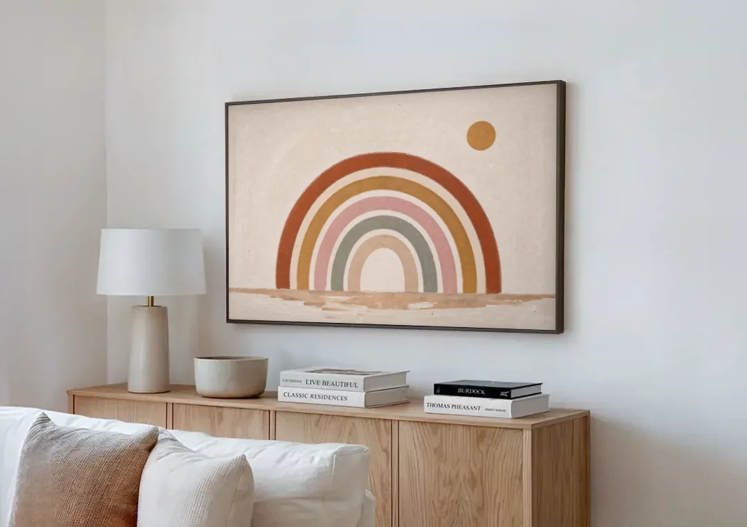 Boho Rainbow Wall Art with a Floating Sun canvas wall art above a wooden sideboard next to a sofa