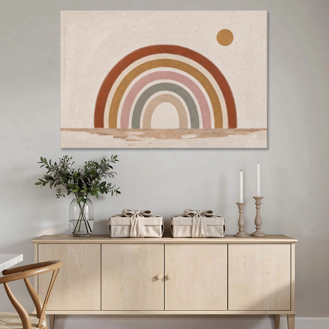 Boho Rainbow Wall Art with a Floating Sun - Canvas Wall Art - Coffee Table - 60x40