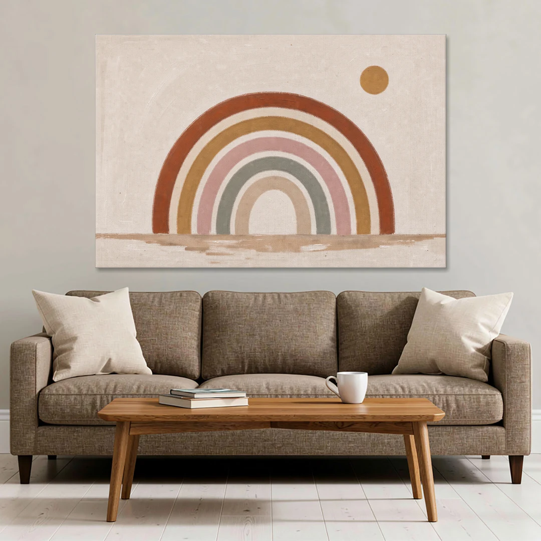 Boho Rainbow Wall Art with a Floating Sun - Canvas Wall Art - Sofa - 60x40