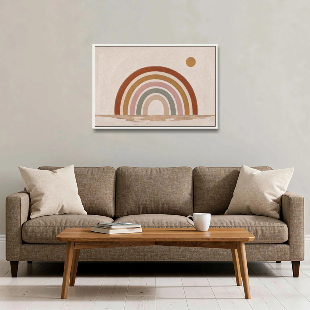 Boho Rainbow Wall Art with a Floating Sun - White Framed Canvas Wall Art - Sofa - 36x24