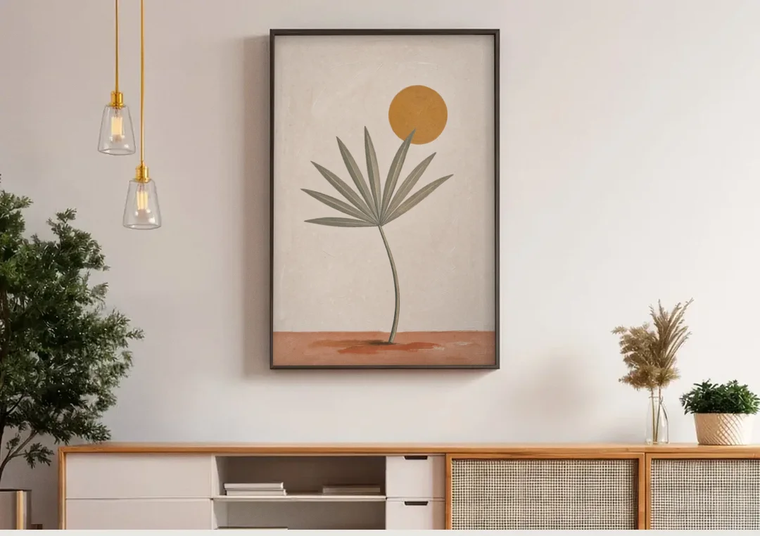 Boho Sun Over a Sage Palm Leaf canvas wall art above a wooden sideboard under pendant lights