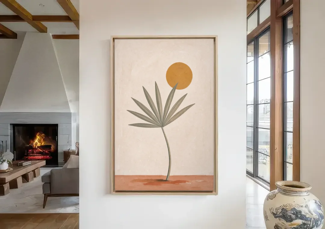 Boho Sun Over a Sage Palm Leaf canvas wall art in a living room with a fireplace