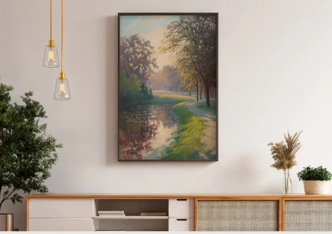 Bois de la Cambre Calm canvas wall art above a wooden sideboard under pendant lights