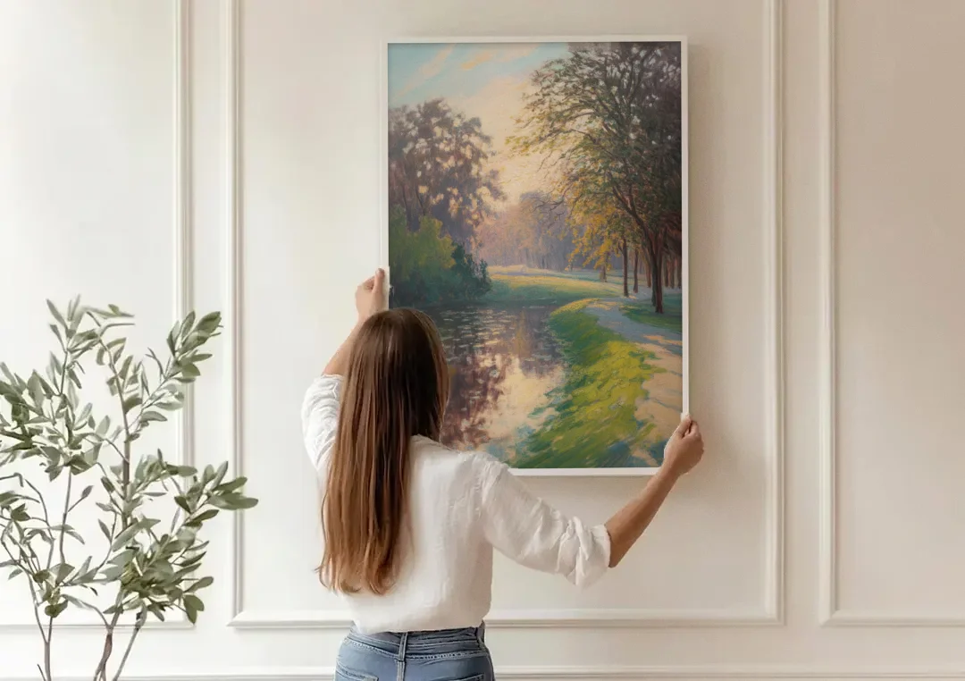 Bois de la Cambre Calm canvas wall art being hung on a paneled wall