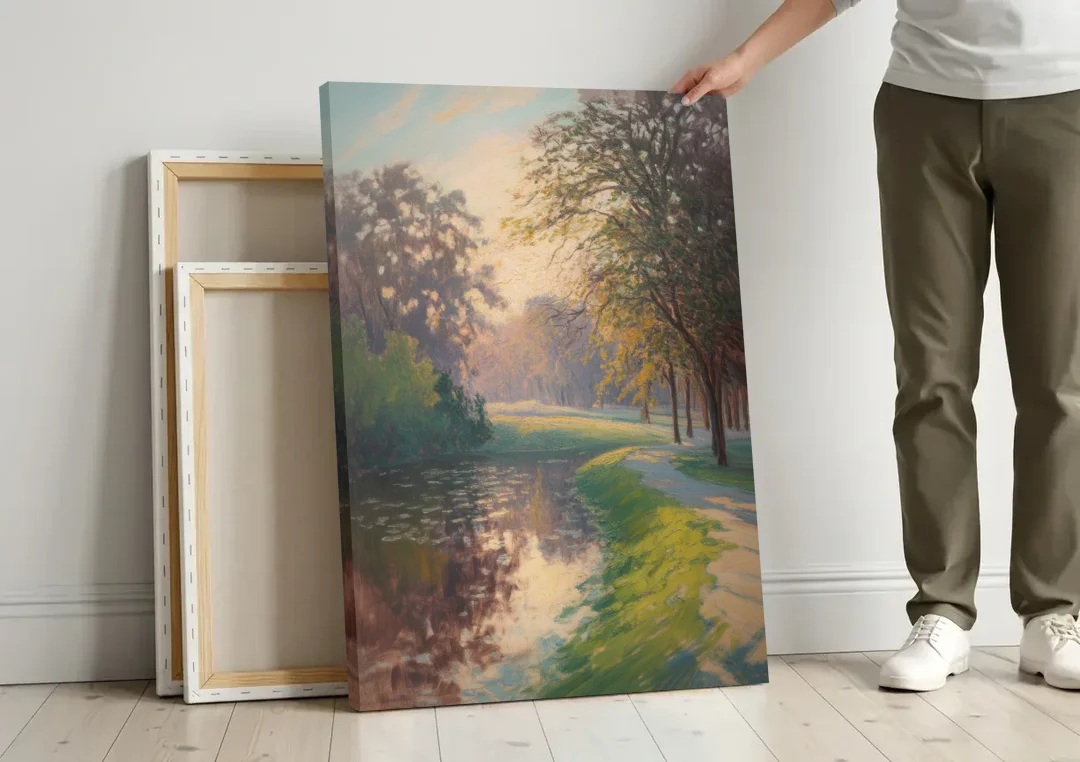Bois de la Cambre Calm canvas wall art leaning against a wall next to blank canvases