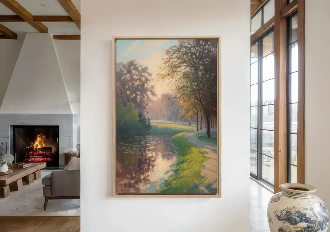 Bois de la Cambre Calm canvas wall art in a living room with a fireplace