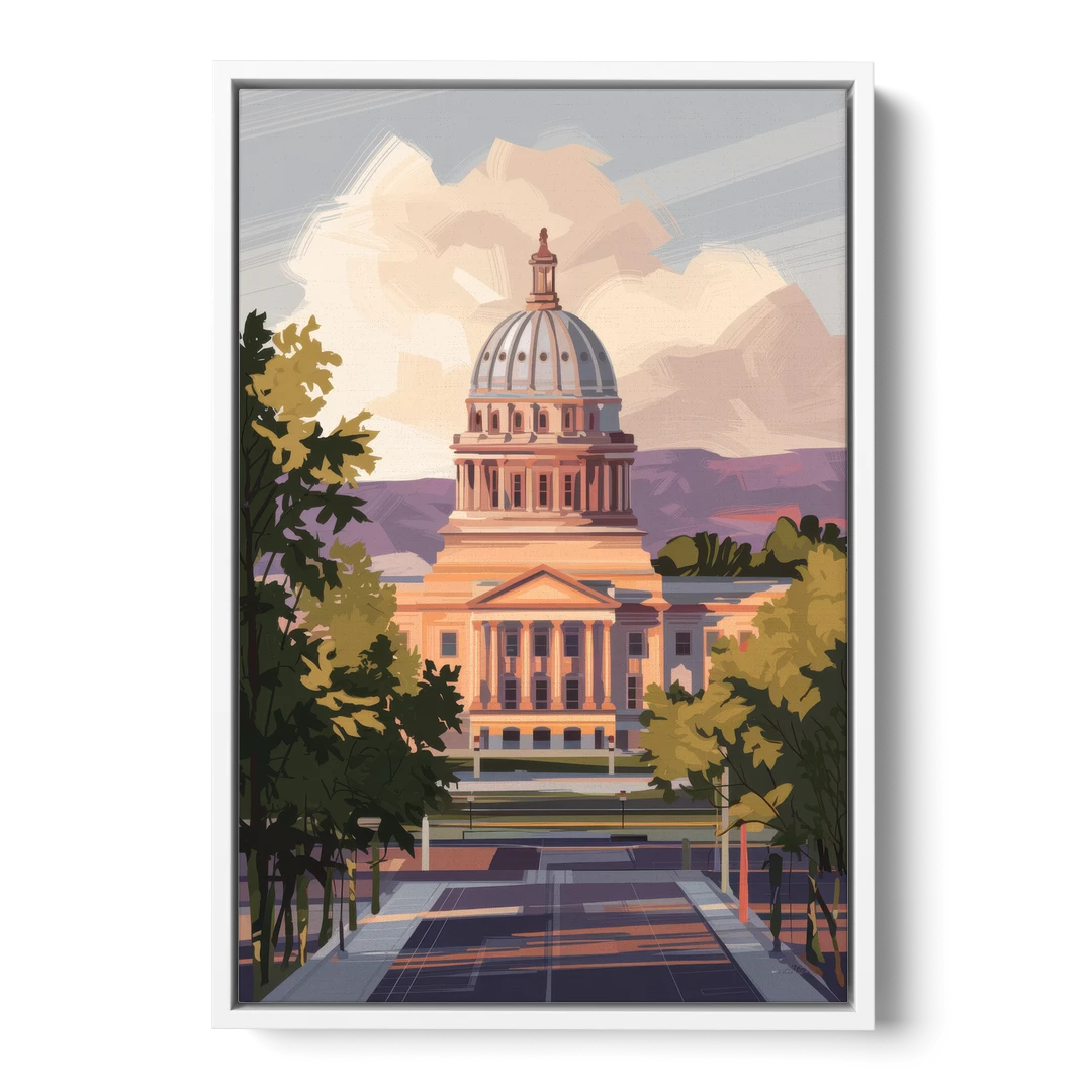 Boise Capitol Building View - White Framed Canvas Wall Art - Front