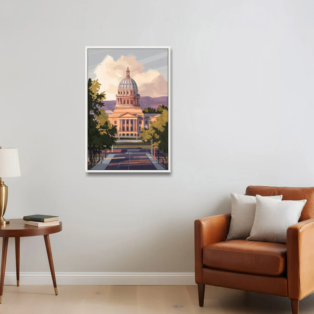 Boise Capitol Building View - White Framed Canvas Wall Art - Sofa - 24x36