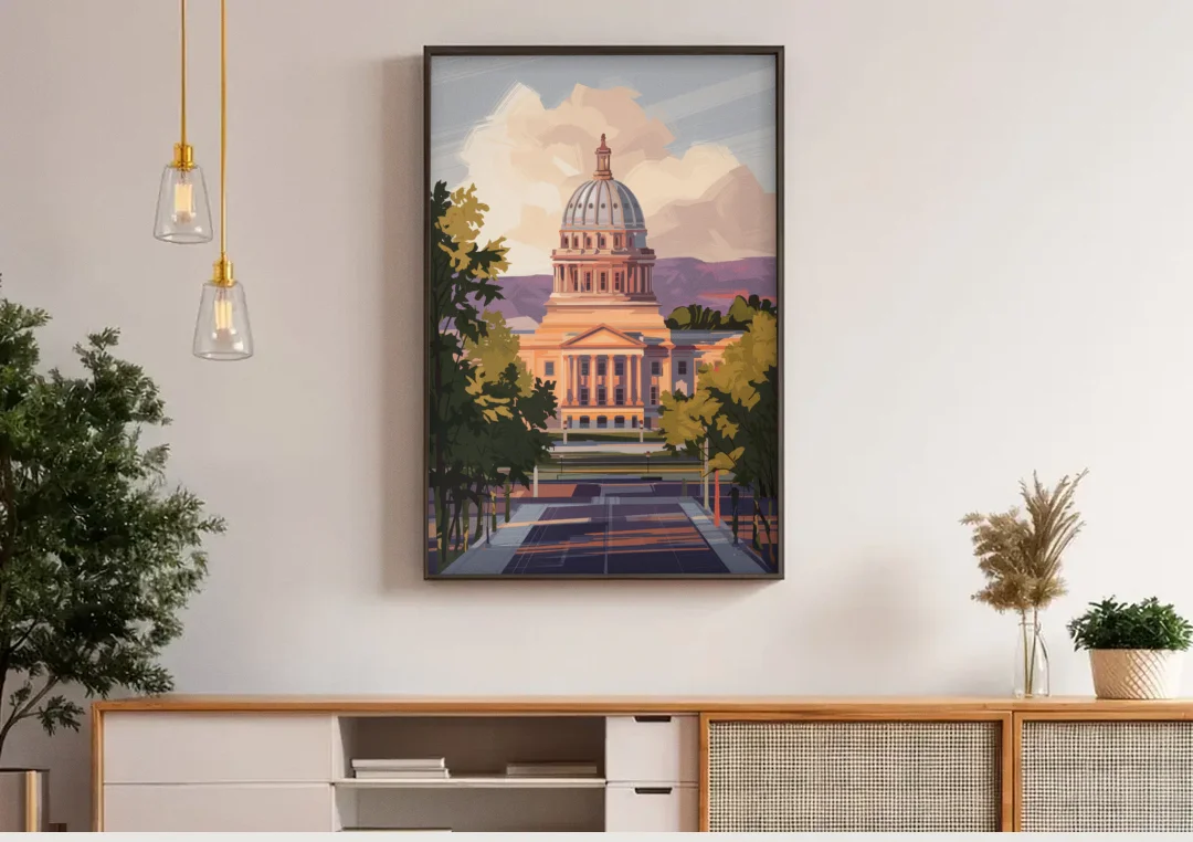 Boise Capitol Building View canvas wall art above a wooden sideboard under pendant lights