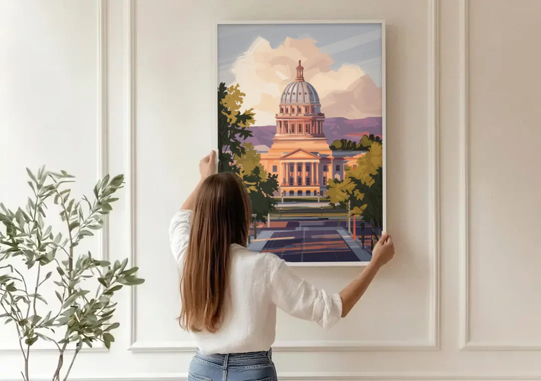 Boise Capitol Building View canvas wall art being hung on a paneled wall