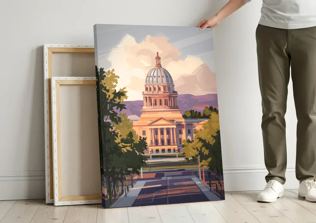 Boise Capitol Building View canvas wall art leaning against a wall next to blank canvases