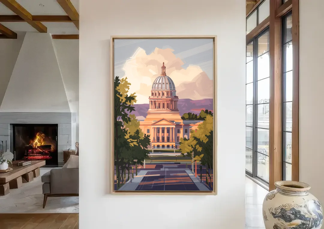 Boise Capitol Building View canvas wall art in a living room with a fireplace