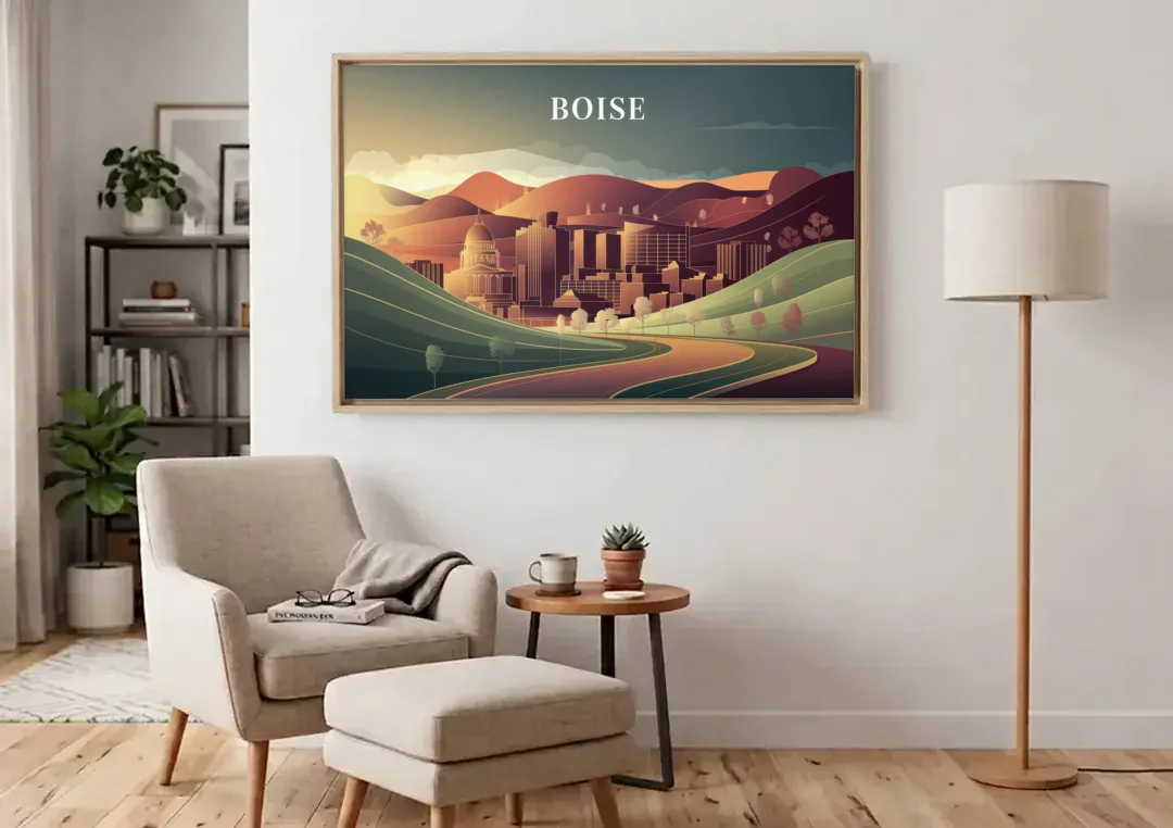 Boise Foothills Landscape canvas wall art above an armchair in a bright living room