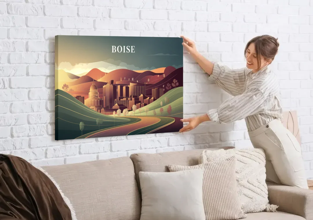 Boise Foothills Landscape canvas wall art being hung on a white brick wall above a sofa