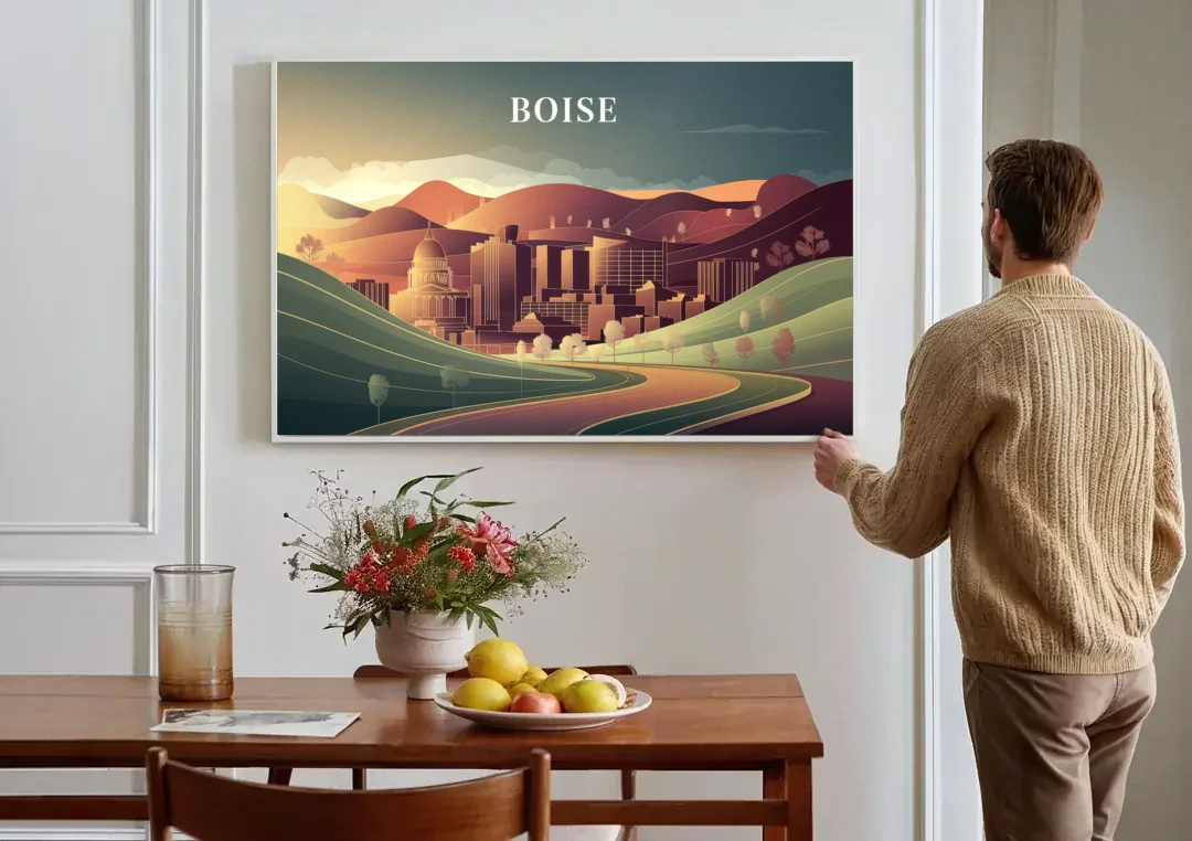 Boise Foothills Landscape canvas wall art above a dining table