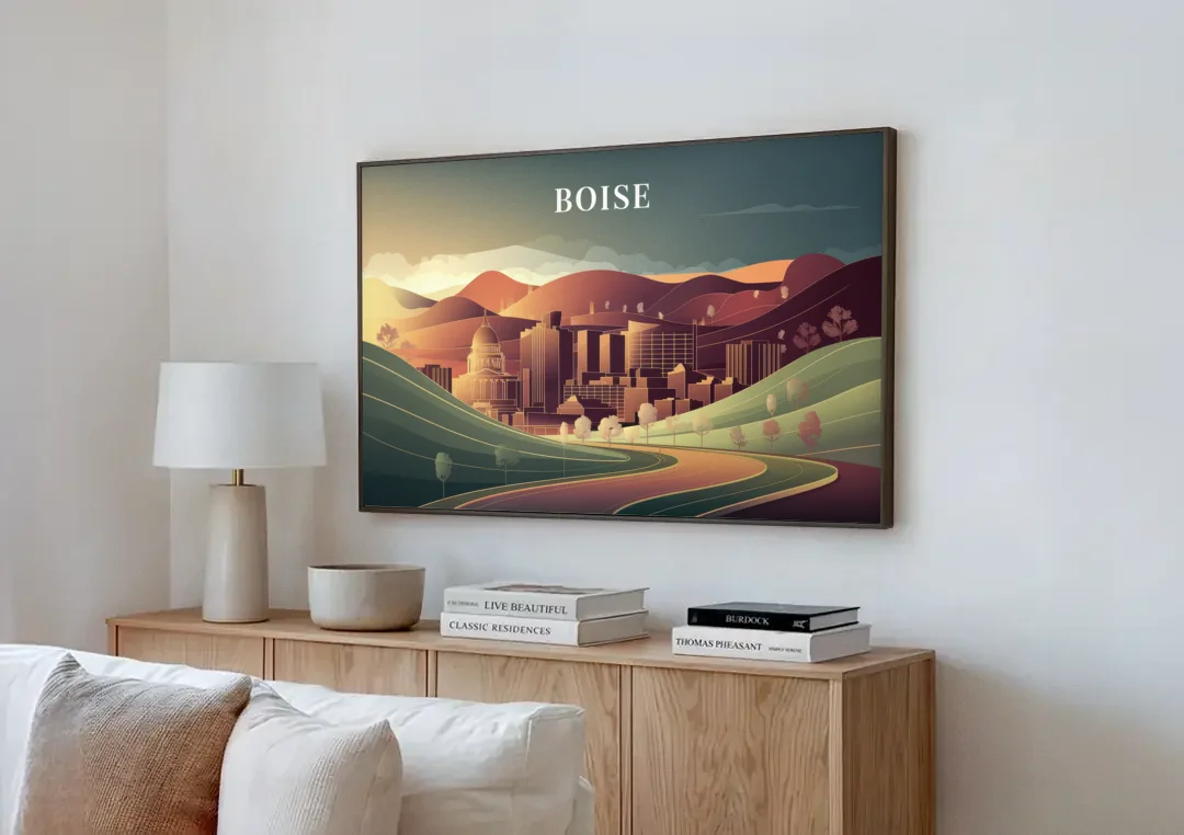 Boise Foothills Landscape canvas wall art above a wooden sideboard next to a sofa