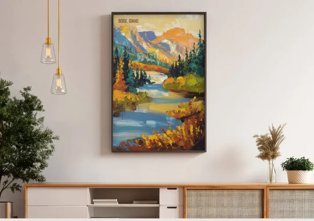 Boise Nature Escape canvas wall art above a wooden sideboard under pendant lights