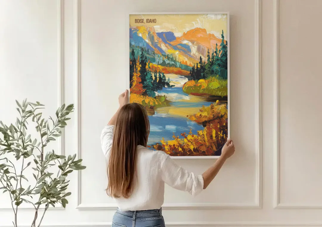 Boise Nature Escape canvas wall art being hung on a paneled wall
