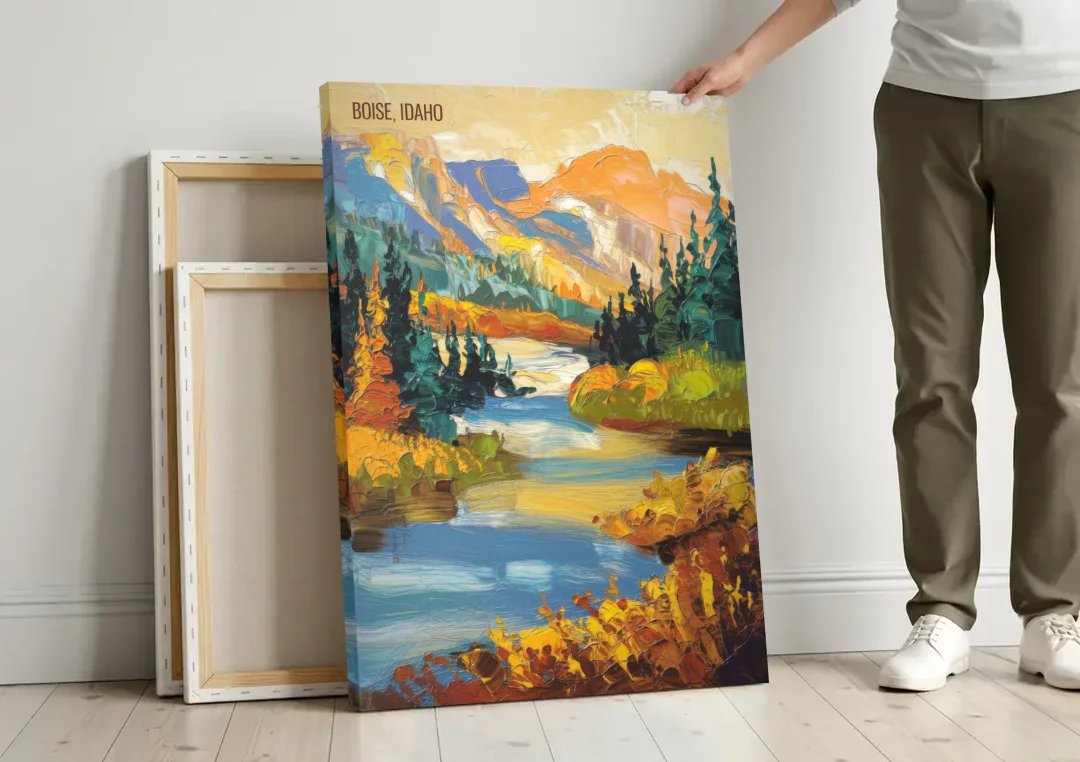 Boise Nature Escape canvas wall art leaning against a wall next to blank canvases