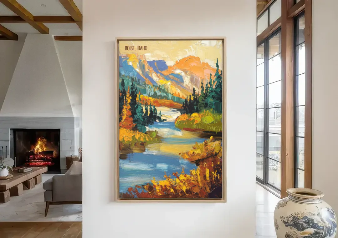 Boise Nature Escape canvas wall art in a living room with a fireplace